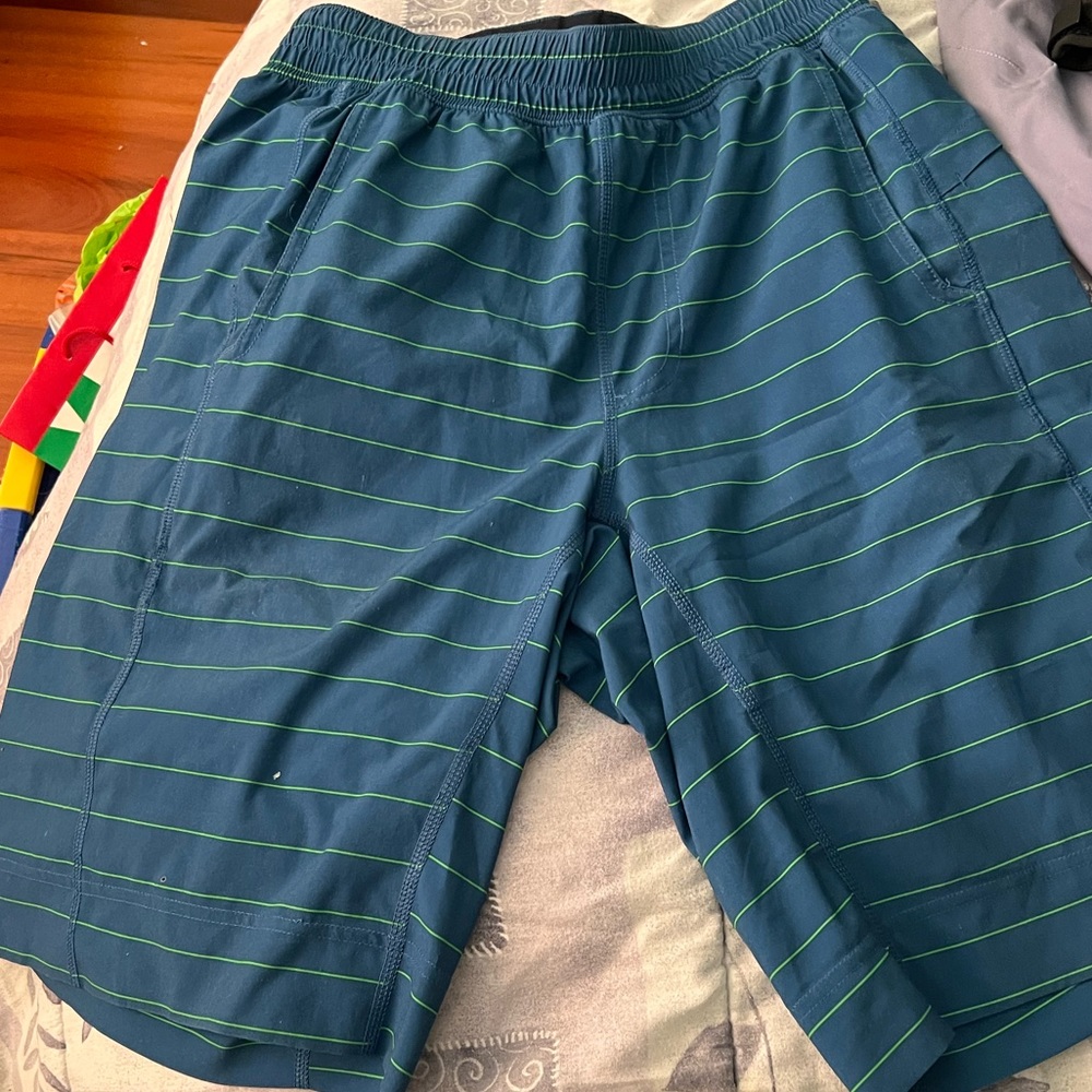 Green blue striped lululemon shorts